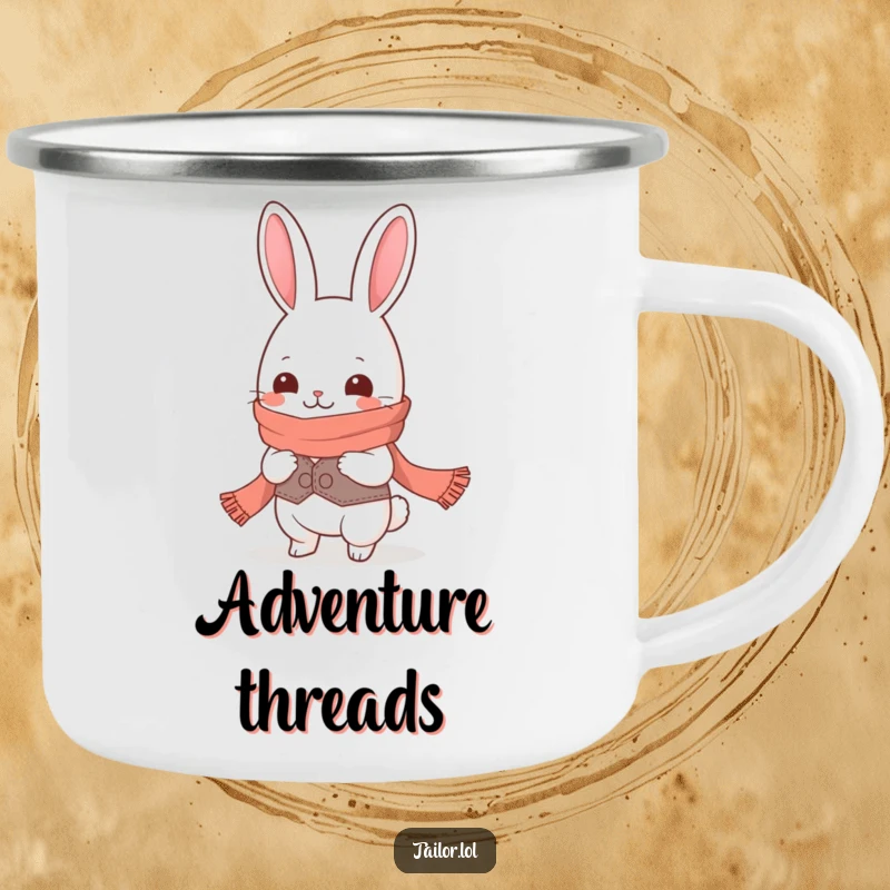 Funny Kawaii rabbit tailor character giggling while measuring a ridiculously long scarf on a sturdy camping mug, funny gift.