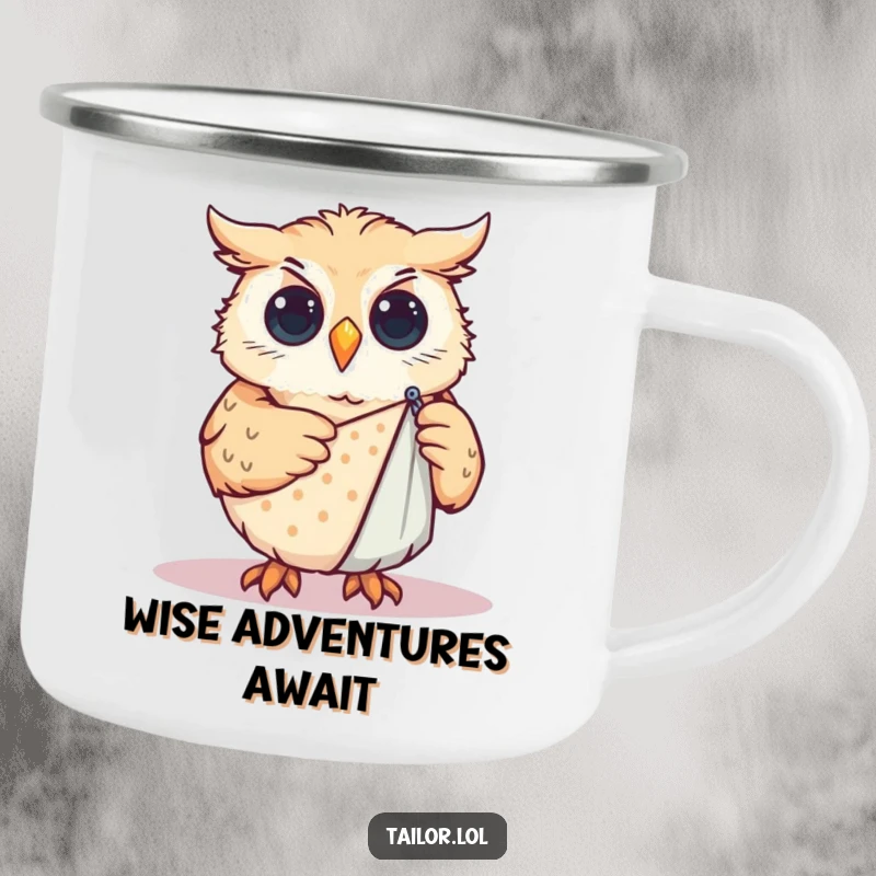 Funny Camping Mug: Curious owl pinning a sewing pattern onto cloth, designed for wise adventurers and crafters.