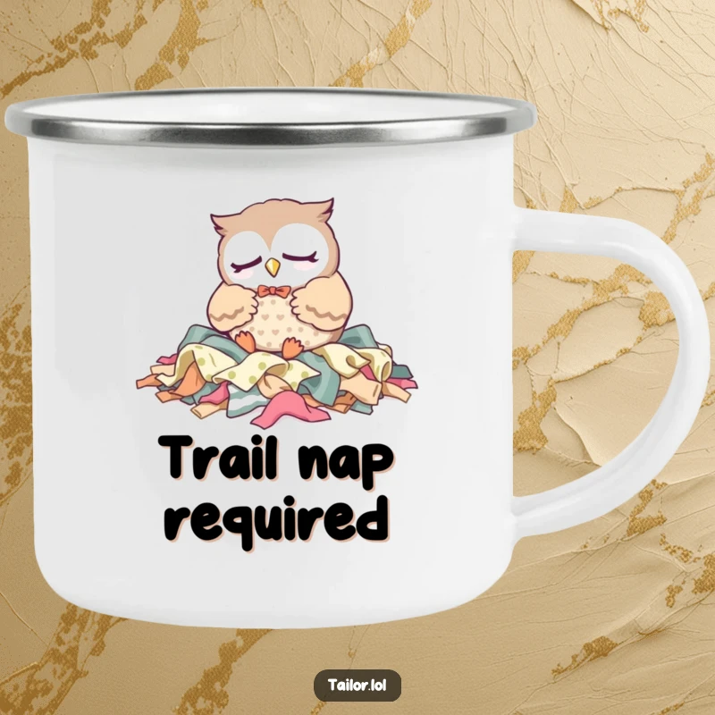 Funny Camping Mug: A sleepy Kawaii owl tailor character naps on fabric scraps, bringing relaxing crafting humor to outdoor adventures.