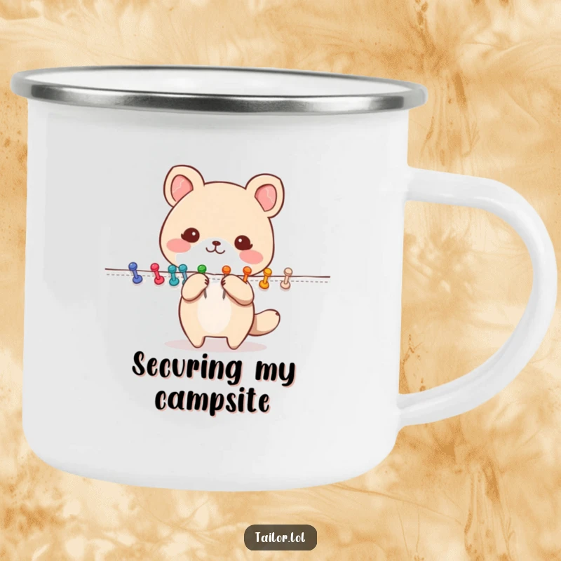 Funny Pinning Animal Camping Mug: A cute animal character happily pinning fabric with colorful pins. Perfect for outdoor planning and inspiration.