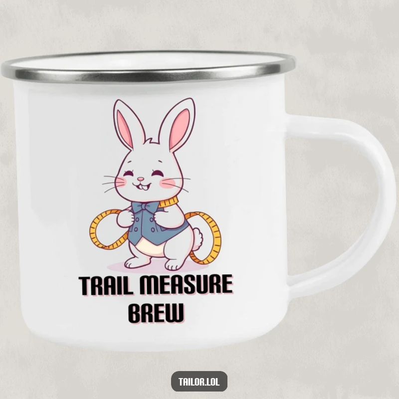 Funny joyful rabbit tailor hopping with a measuring tape on a durable camping mug, designed for crafters and humor lovers.