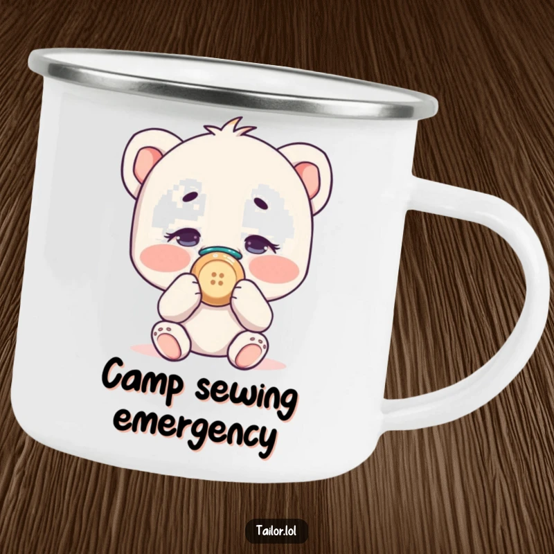 Funny character comically sewing a button onto their own nose, a humorous and durable camping mug.