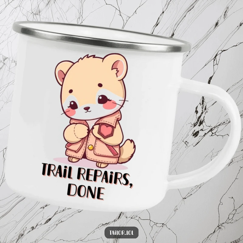 Funny Sewing Animal Camping Mug: A cute animal character focused on sewing a patch onto a miniature jacket. Perfect for outdoor crafting inspiration.