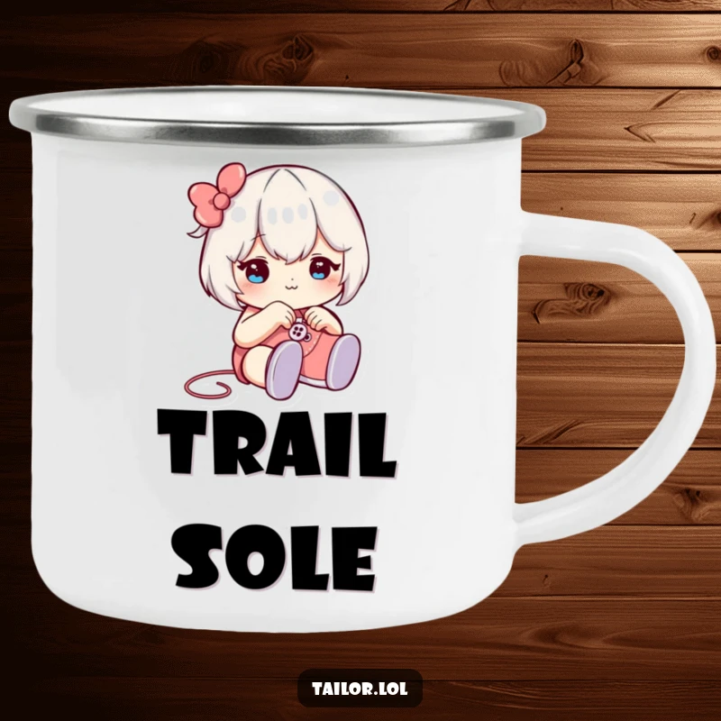 Funny camping mug showcasing a character winking while sewing a button onto a tiny shoe, designed for humorous outdoor crafting enjoyment.