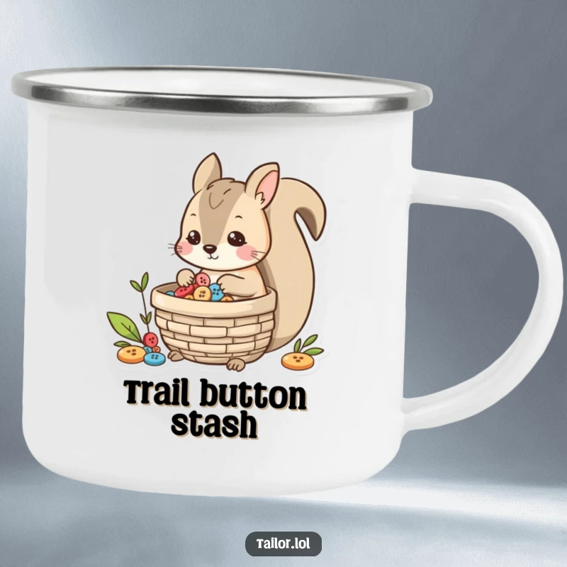 Funny playful squirrel character collecting buttons in a basket, a humorous and sturdy camping mug.