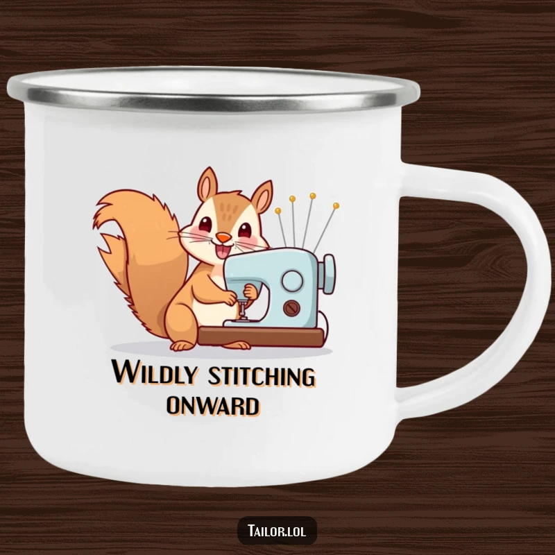 Funny Camping Mug: Cheerful squirrel sewing with oversized needles, designed for outdoor adventures and crafting enthusiasts.