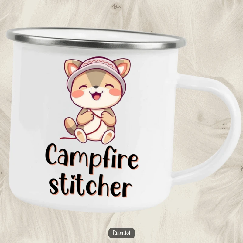 Funny animal camping mug, a happy creature with a thimble hat, happily stitching, perfect for outdoor crafting sessions.