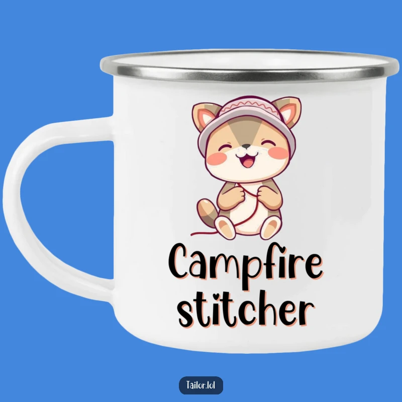 Funny Stitching Camping Mug: Enjoy Your Brew with a Happy, Thimble-Hatted Companion