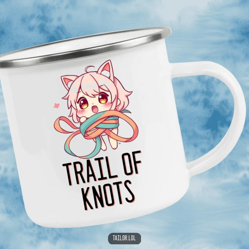 Funny camping mug showcasing a surprised character comically tangled in a long ribbon, designed for humorous outdoor enjoyment.