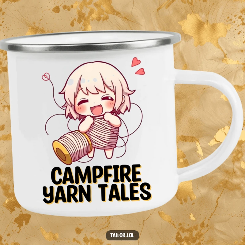 Funny character comically tangled in thread, giggling, a humorous and durable camping mug.