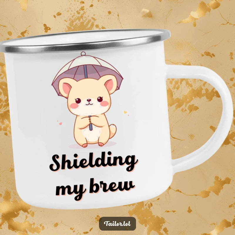 Funny camping mug featuring a cute animal character with a thimble as a tiny umbrella, ideal for humorous outdoor enjoyment.