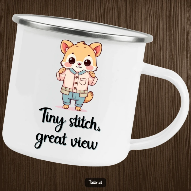 Funny camping mug with an animal proudly holding a ridiculously small, perfectly sewn garment, for crafters who love details.