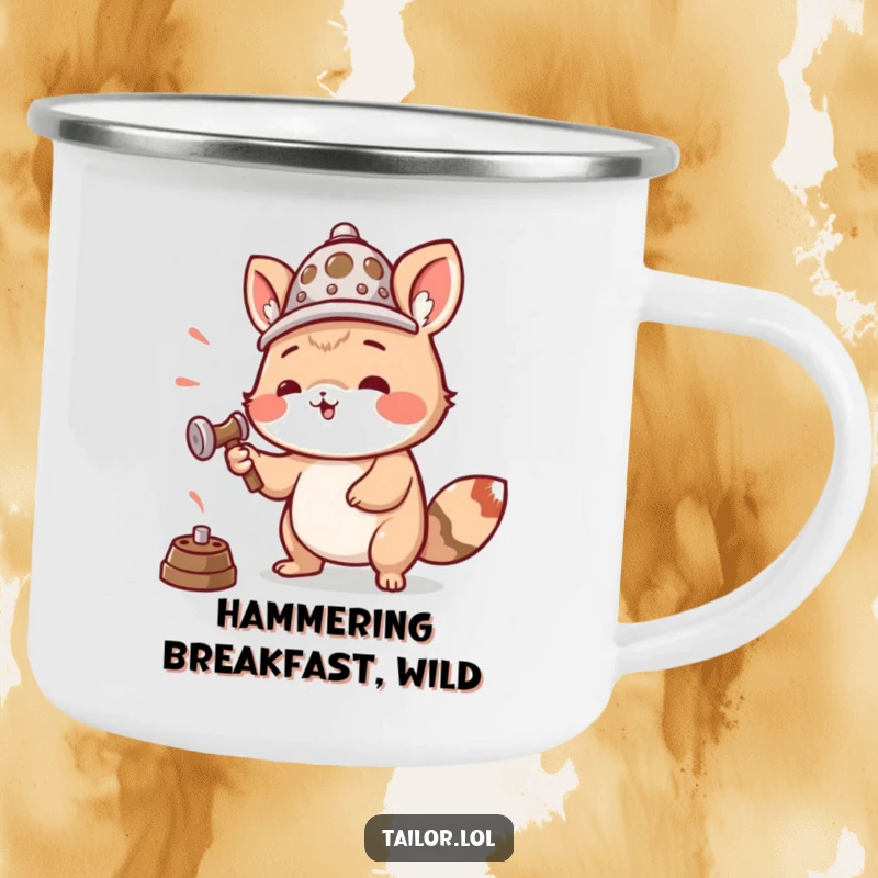 Funny camping mug with an animal wearing a thimble as a hat, enthusiastically hammering, for makers on the go.