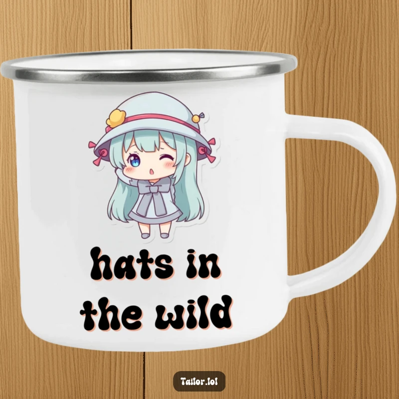 Funny camping mug showcasing a character playfully wearing a hat adorned with sewing bobbins, perfect for creative outdoor moments.
