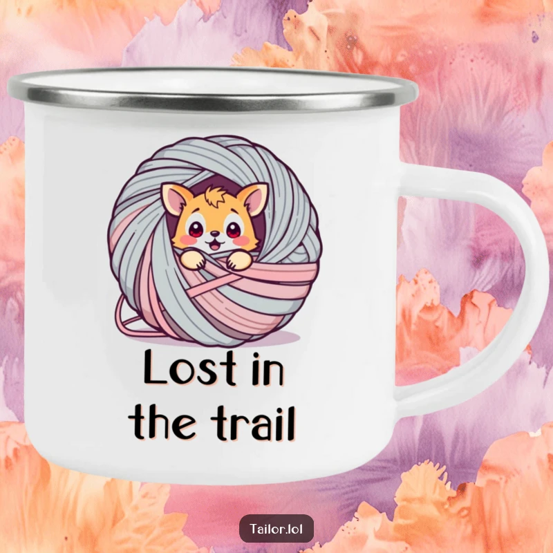 Funny animal camping mug, a surprised creature hilariously tangled in a giant ball of yarn, perfect for outdoor adventures.