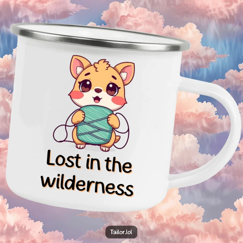 Funny Tangled Animal Camping Mug, a surprised creature tangled in thread, ready for outdoor adventures.