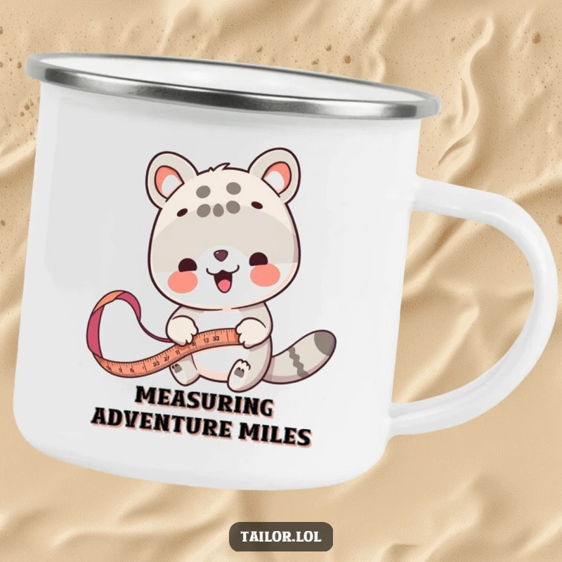 Funny animal measurer camping mug, a cute animal character with a tape measure in an outdoor setting.
