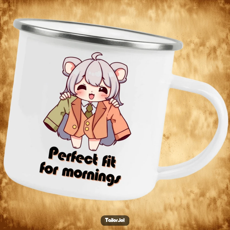 Funny tailor camping mug with a beaming character holding a perfectly tailored garment, ideal for outdoor enthusiasts.