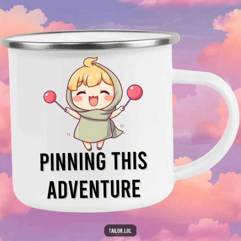 Funny camping mug showing a character pinning fabric with an oversized pin, ideal for outdoor quilting enthusiasts. A humorous gift for crafters.