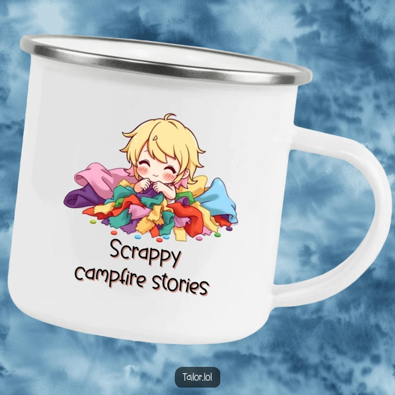 Funny camping mug showing a character sorting a pile of colorful fabric scraps, ideal for outdoor fabric enthusiasts. A humorous gift for crafters.