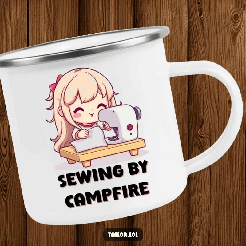 Funny camping mug showcasing a determined character happily using a sewing machine, perfect for outdoor crafting sessions.