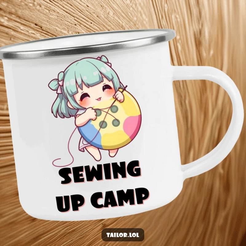 Funny character happily stitching a button, designed for a rugged camping mug.