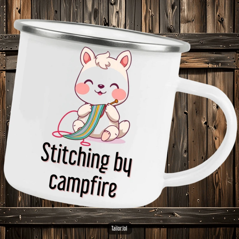 Funny sewing animal camping mug showing a happy creature stitching a colorful line, perfect for outdoor crafting sessions.