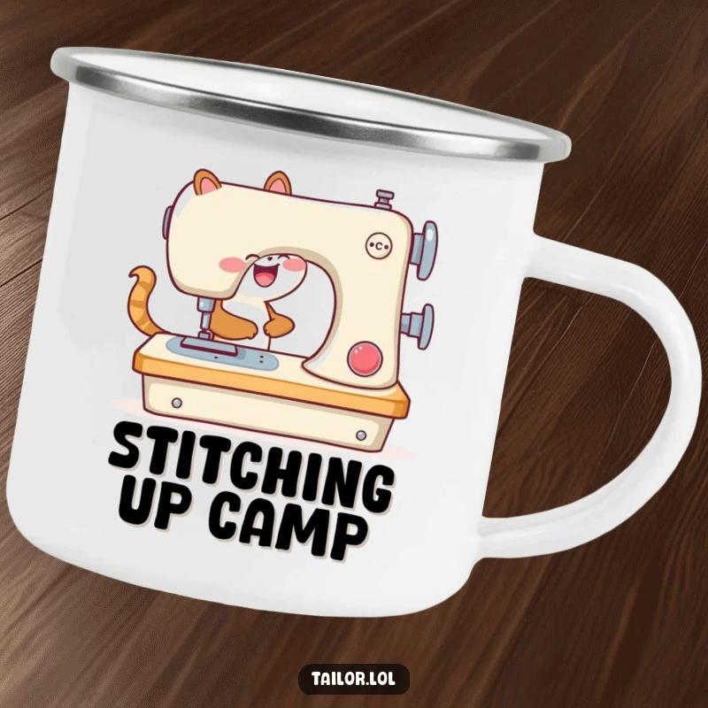 Funny camping mug with an animal joyfully operating a comically large sewing machine, for crafters on the go.