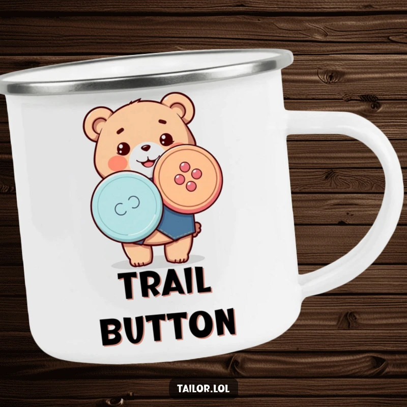 Funny camping mug featuring a happy Kawaii bear tailor proudly holding a large sewing button, perfect for crafters on the go.
