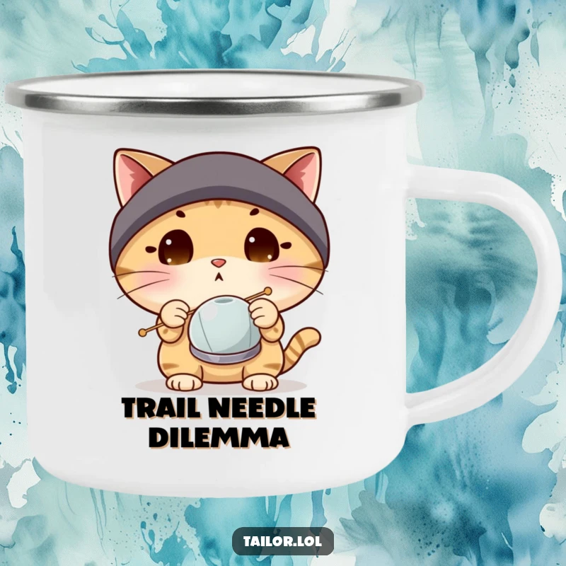 Funny surprised cat wearing a thimble, inspecting a large needle, on a durable camping mug, ideal for outdoor use.