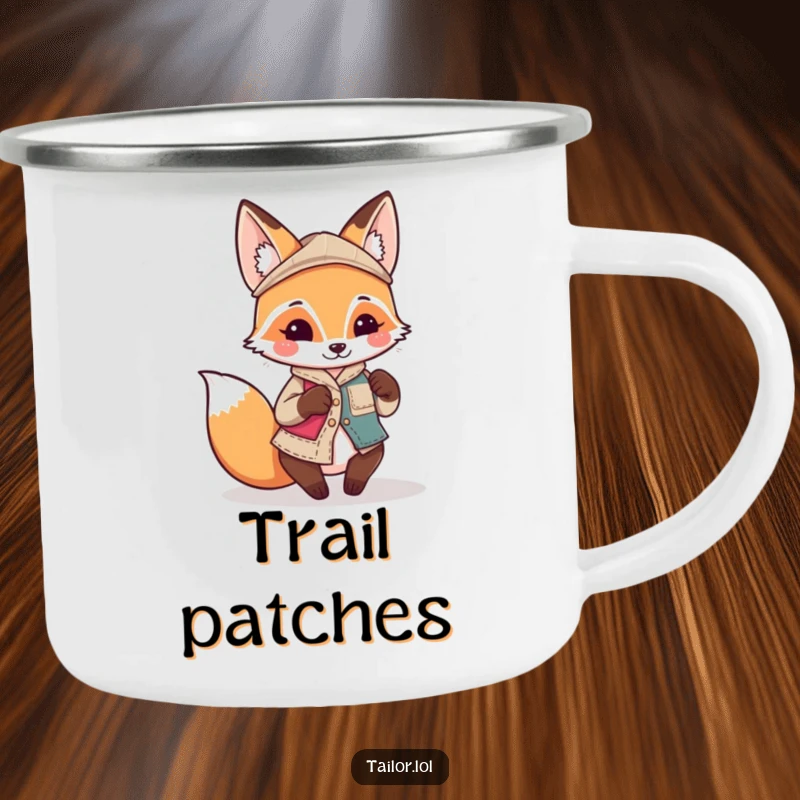 Funny Kawaii fox tailor character sewing a quirky, mismatched patch on a sturdy camping mug, perfect funny gift.