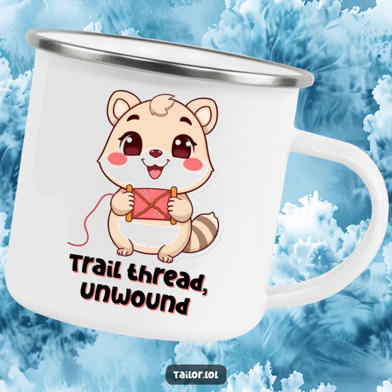 Funny Camping Mug: Cute animal character holding a spool of thread with a cheerful grin, ready for adventure.
