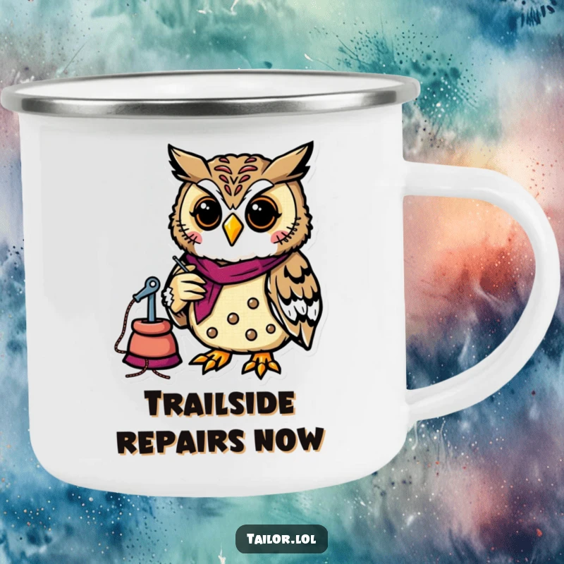 Funny owl tailor sewing on a durable camping mug, designed for crafters who love the outdoors and humor.