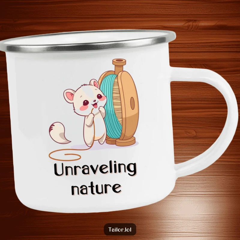 Funny camping mug featuring an animal character playfully pulling a thread from a giant spool, ideal for outdoor cheer.