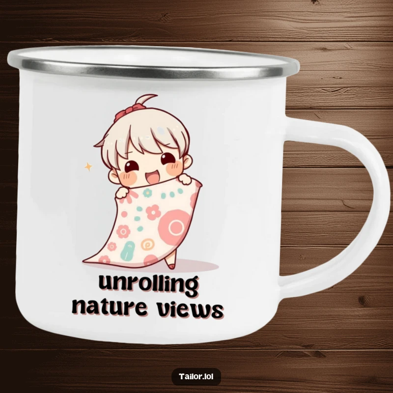 Funny camping mug showcasing a character excitedly unrolling a bolt of patterned fabric, perfect for outdoor craft sessions.