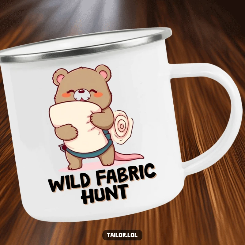 Funny playful bear tailor wrestling a large roll of fabric, enamel camping mug, outdoor humor, perfect funny gift.