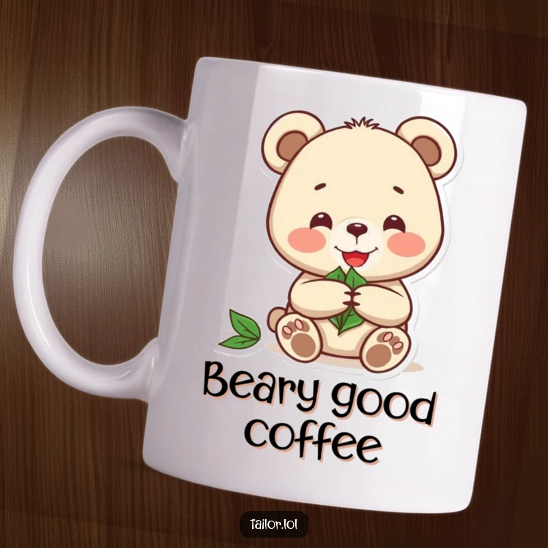 Funny mug showing a joyful bear meticulously cutting a pattern from a large green leaf with a small tool.