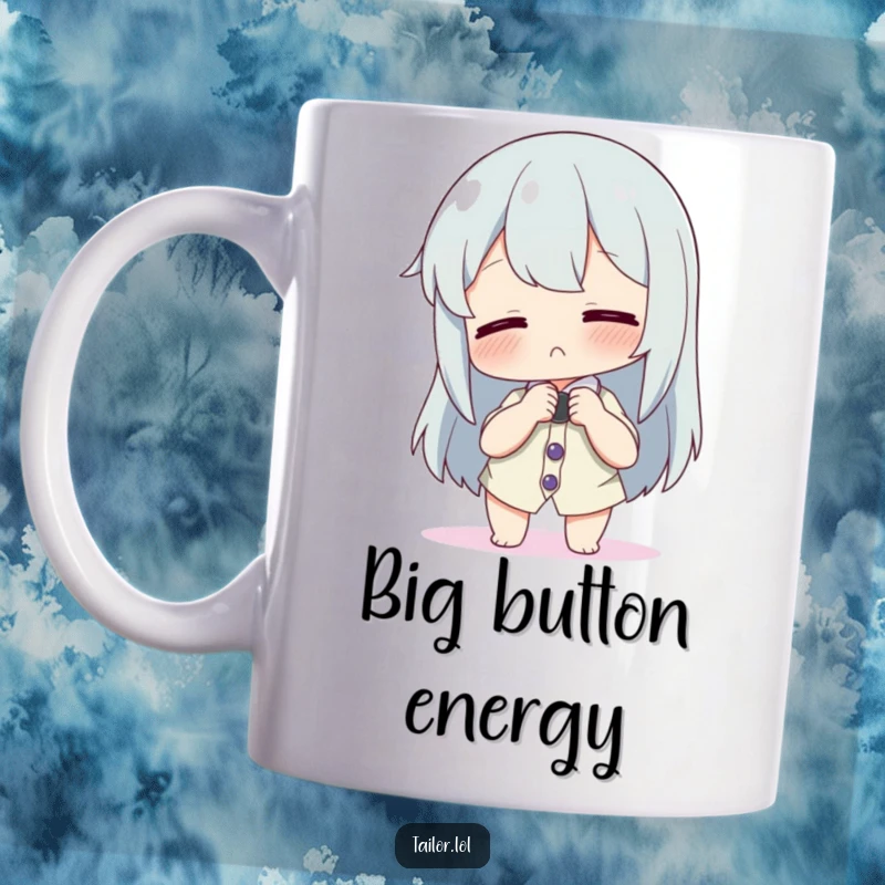 Funny mug with a character playfully adjusting a comically large button on a tiny shirt, highlighting fashion mishaps.