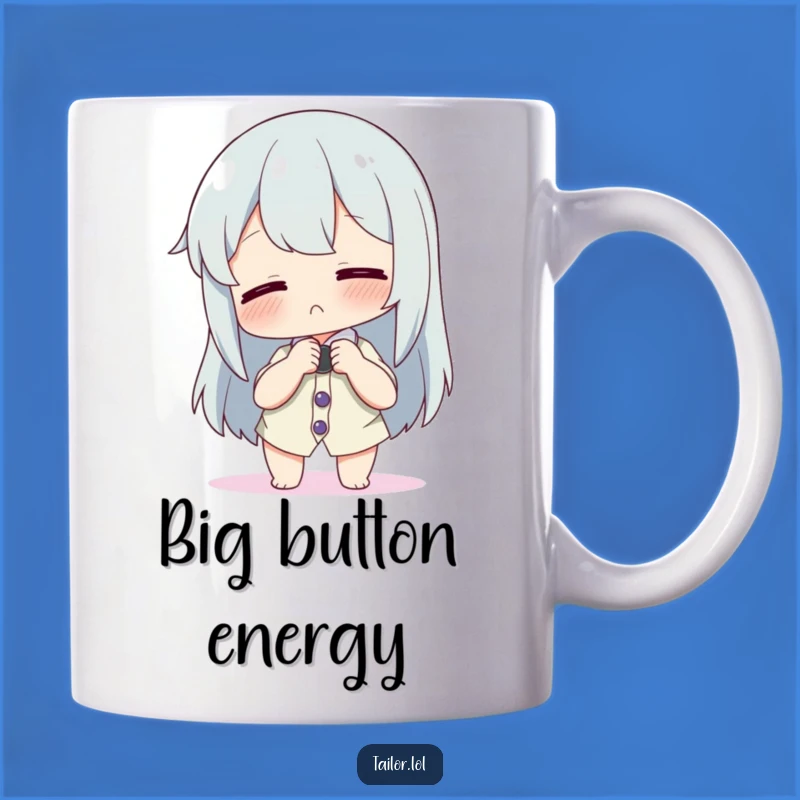 Funny Button Trouble Mug: Hilarious Character Gift for Fashion Fails!