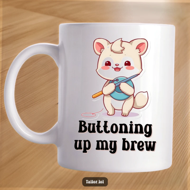 Funny animal mug, a playful creature using a giant needle to sew a button onto fabric with focused determination.