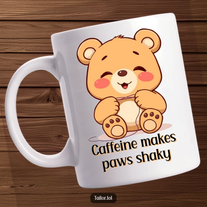 Funny giggling bear with huge paws trying to thread a tiny needle on a mug, symbolizing relatable struggles humorously.