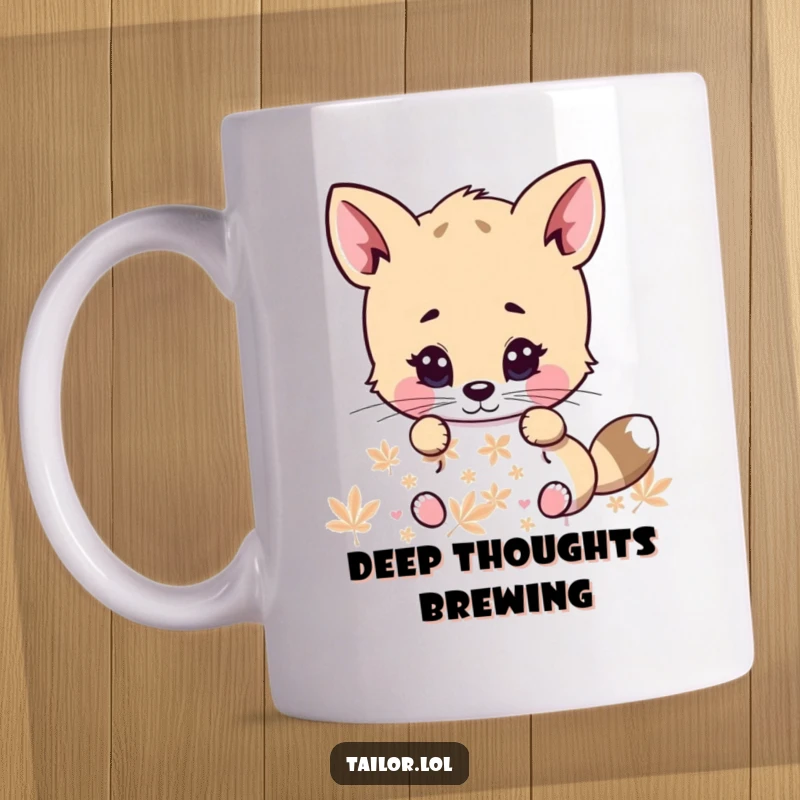 Funny mug showing a cute animal character with wide, intense eyes, meticulously examining a pattern with extreme concentration and adorable seriousness.
