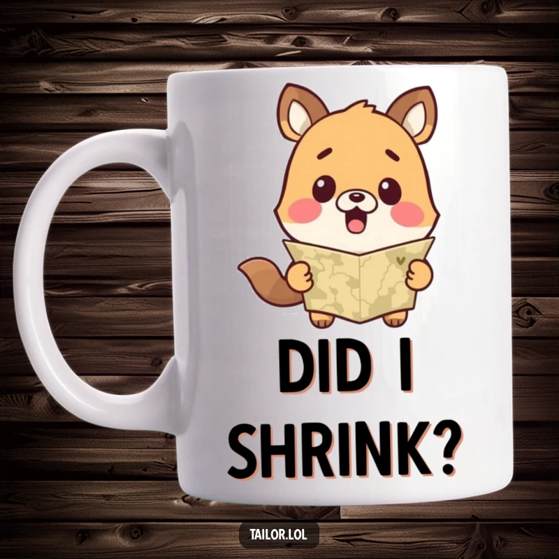 Funny Cute Animal Character with Surprised Face Looking at a Measuring Tape Mug, Great for Tailors.