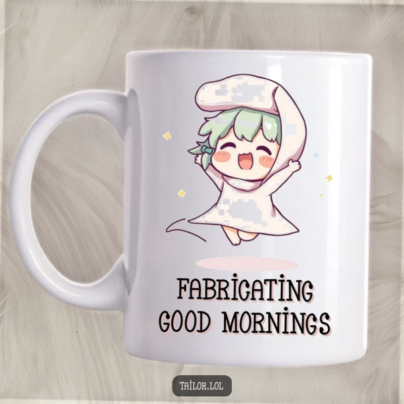 Funny mug featuring a joyful character enthusiastically bouncing a roll of fabric up and down with a delighted, humorous expression.