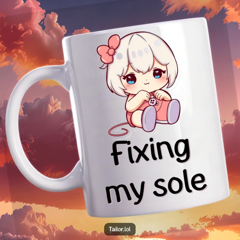 Funny mug featuring a character winking while expertly sewing a button onto a miniature shoe with a mischievous, humorous expression.