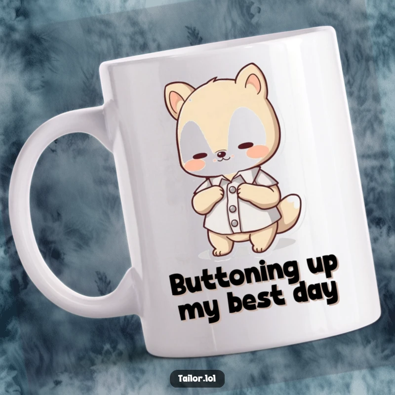 Funny Mug: Cute animal character focused on adjusting a very small button on a miniature shirt, looking serious.