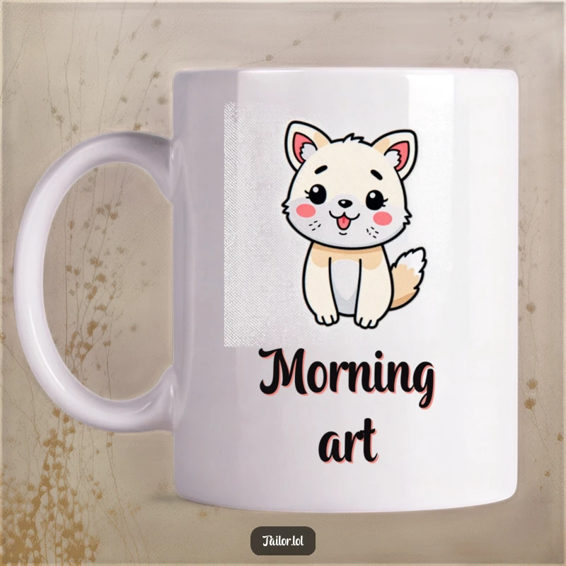 Funny Cute Animal Joyfully Decorating a Fabric Swatch Mug, Perfect for Artists and Crafters.