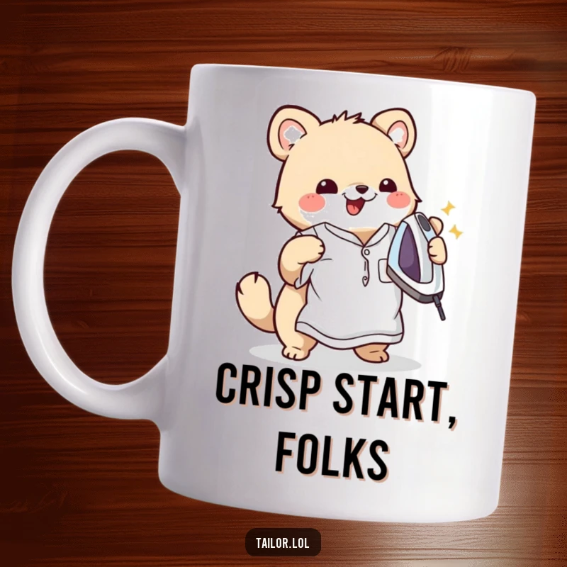 Funny mug showing a cute animal character happily ironing a very wrinkled shirt with a determined yet cheerful expression, embodying domestic prowess.