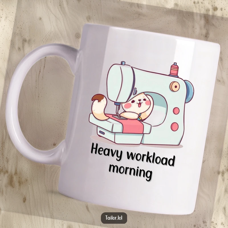 Funny mug showing a cute animal character exerting great effort to push a large, cumbersome sewing machine, highlighting a humorous struggle.