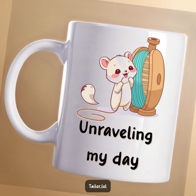 Funny mug featuring an animal character playfully pulling a thread from a giant spool of yarn, a charming scene.